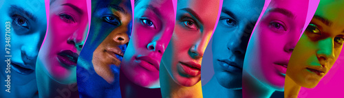 Creative collage made of close-up portraits of different young people, boys and girls looking at camera with multicolored neon lights. Concept of human diversity, emotions, youth, freedom