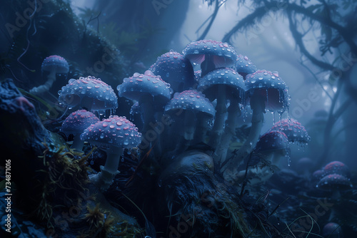 purple and blue hallucinogenic or fantasy mushrooms with drops