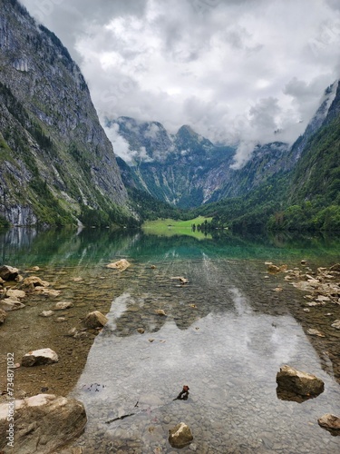 Reflection on Königssee lake with mountain view