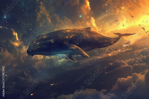 a fantastic whale flies across the sky among the clouds © ALL YOU NEED studio