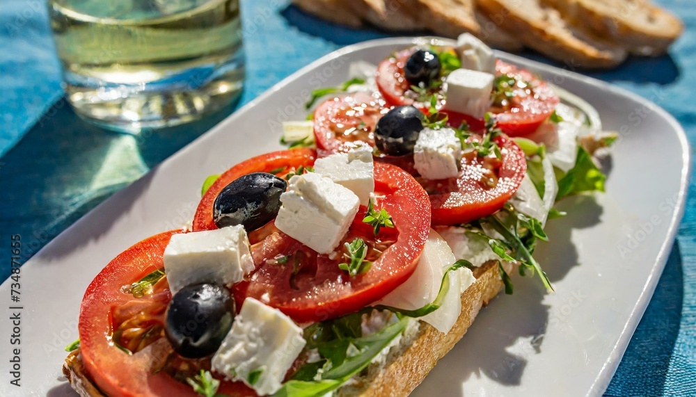 AI-generated illustration of a tasty sandwich featuring fresh tomatoes, olives, and feta cheese