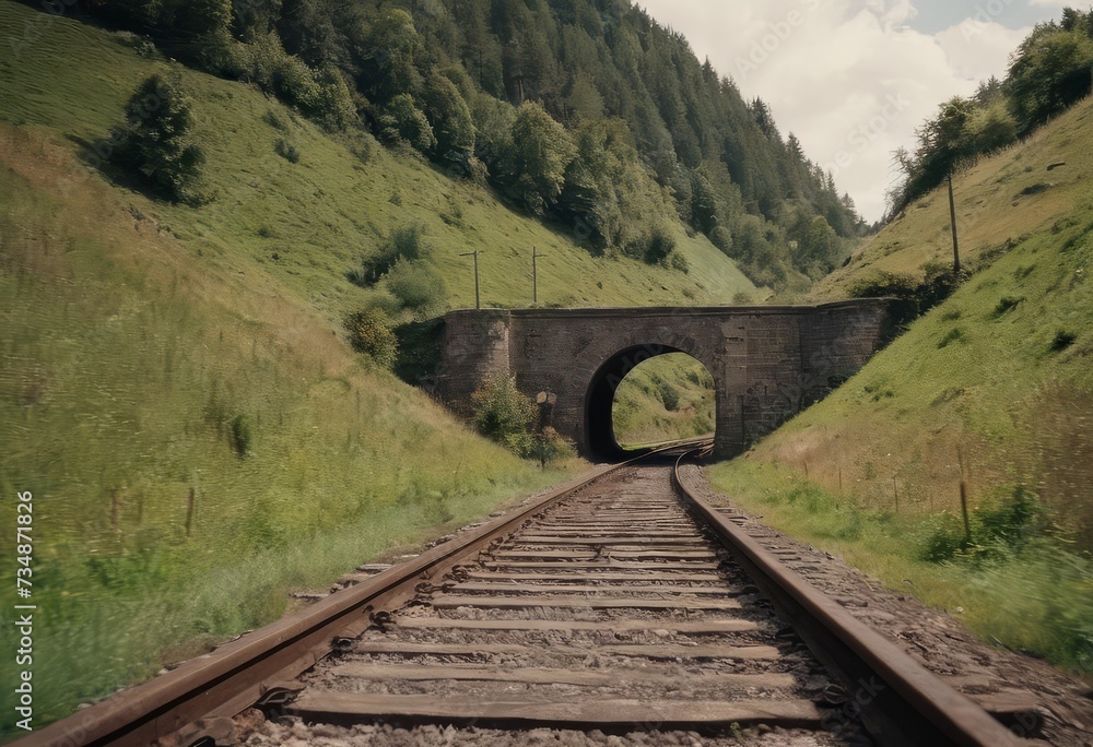 Rusty train tracks lead into a dark tunnel in a desaturated landscape Rusty train tracks lead into a dark tunnel in a desaturated landscape