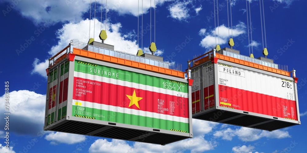 Shipping containers with flags of Suriname and Poland - 3D illustration
