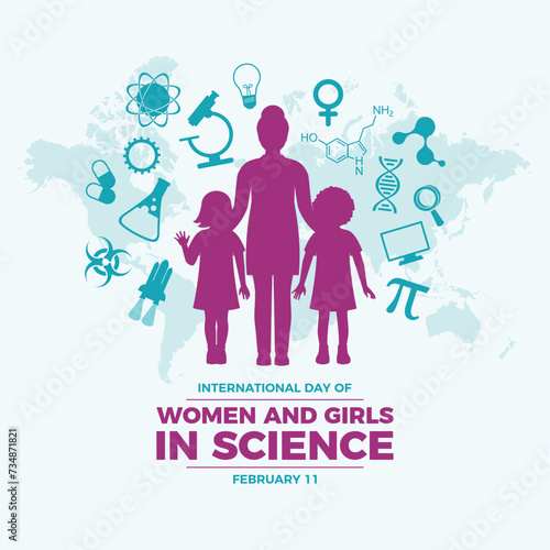International Day of Women and Girls in Science poster vector illustration. Female scientist icon set. Woman and children girls purple silhouette vector. Template for background, banner, card