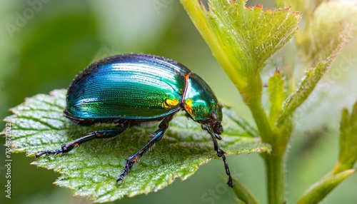 AI-generated illustration of a green beetle perched on a leafy plant