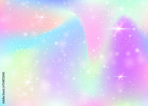Fairy background with rainbow mesh. Cute universe banner in princess colors. Fantasy gradient backdrop with hologram. Holographic fairy background with magic sparkles, stars and blurs.