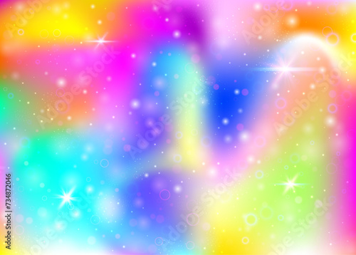 Unicorn background with rainbow mesh. Kawaii universe banner in princess colors. Fantasy gradient backdrop with hologram. Holographic unicorn background with magic sparkles, stars and blurs.