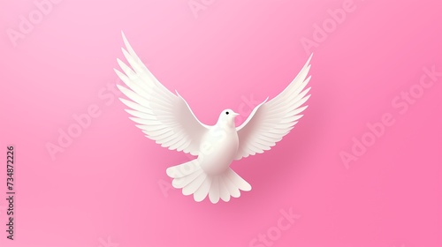 White Dove in Flight Against Soft Pink Background © SavinArt