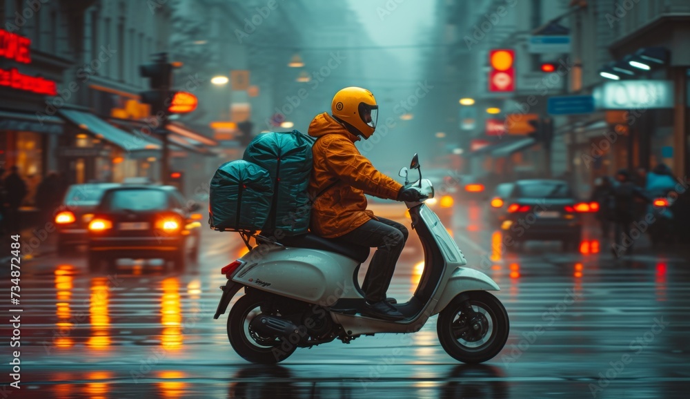 Delivery rider in rain, urban commute