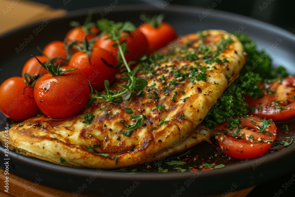 Herb omelet with cherry tomatoes on plate Herb omelet with cherry tomatoes on plate
