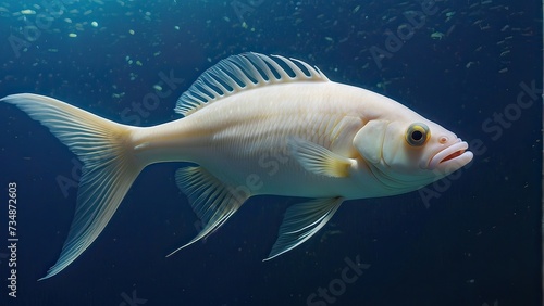 Illustration of Whitefish in Blue Aquarium, Whitefish Swimming in Isolated Aquarium, Illustration of Whitefish in Tropical Waters, Whitefish in Blue Aquarium Waters, Whitefish Amidst Underwater photo