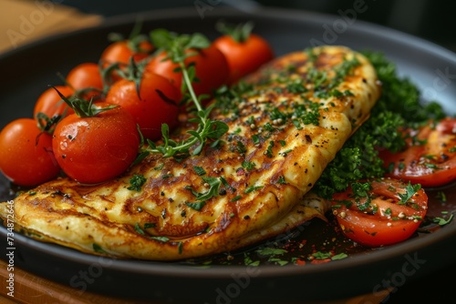 Herb omelet with cherry tomatoes on plate