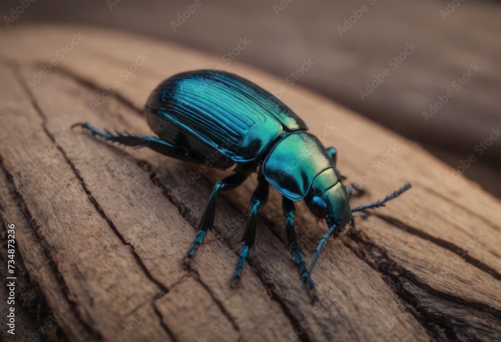 Close-up of a shiny blue beetle on a wooden surface in a forest with a blurred background Close-up of a shiny blue beetle on a wooden surface in a forest with a blurred background
