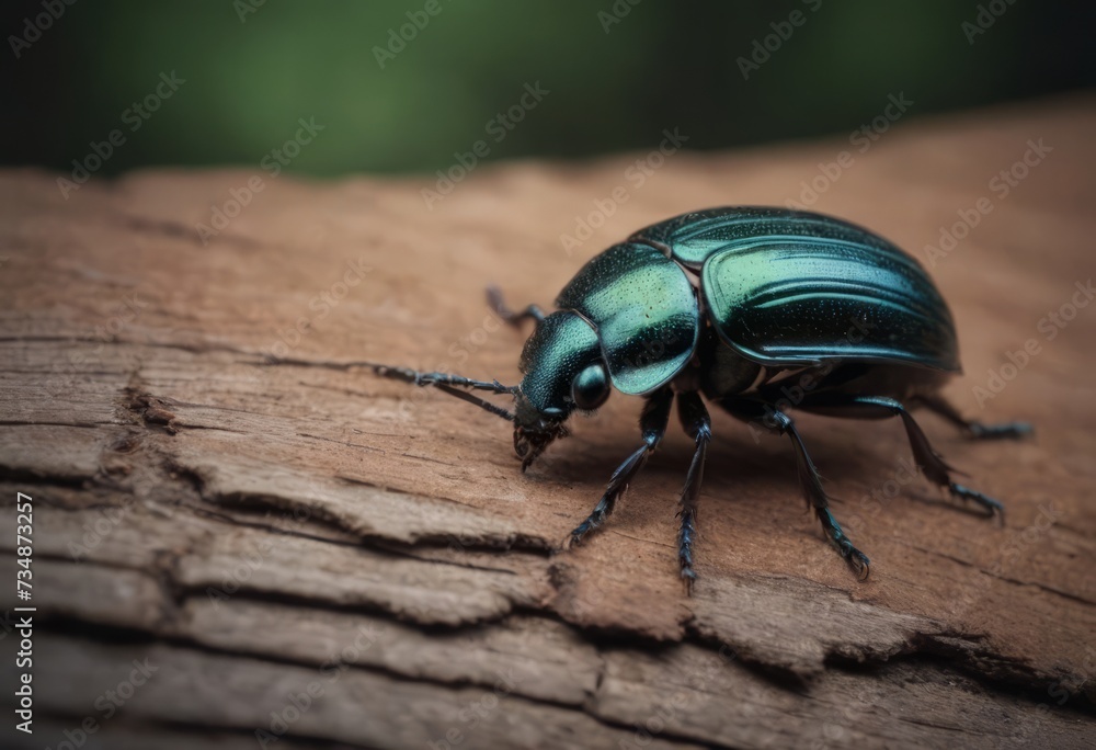 Close-up of a shiny blue beetle on a wooden surface in a forest with a blurred background Close-up of a shiny blue beetle on a wooden surface in a forest with a blurred background
