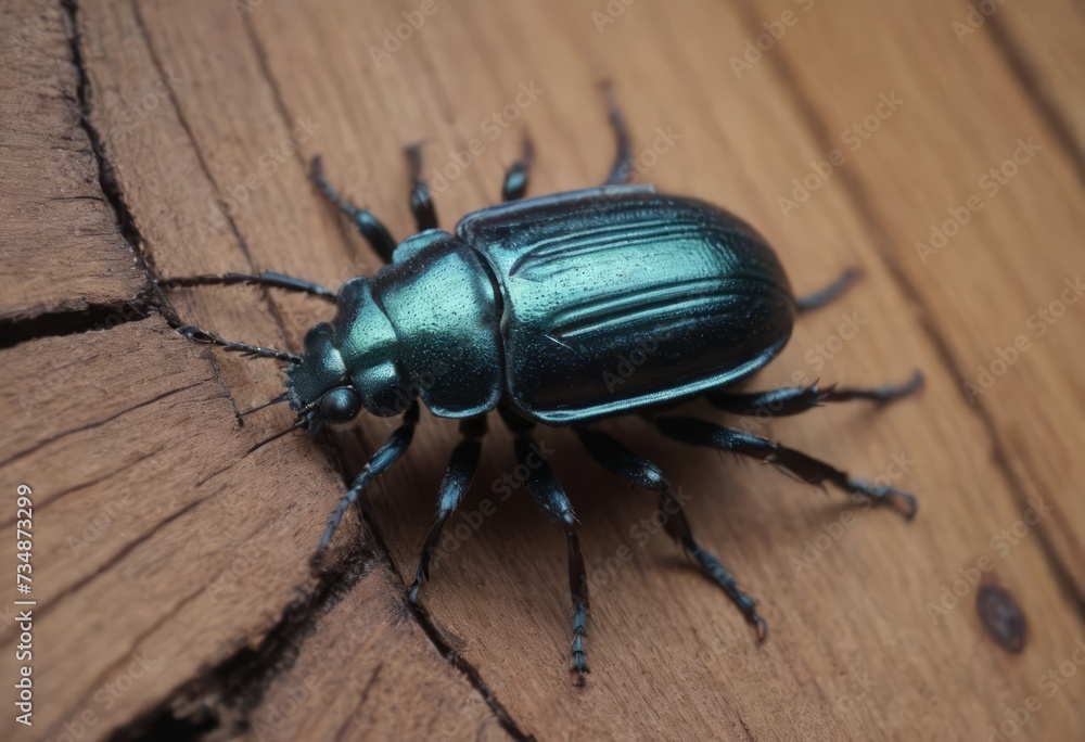 Close-up of a shiny blue beetle on a wooden surface in a forest with a blurred background Close-up of a shiny blue beetle on a wooden surface in a forest with a blurred background