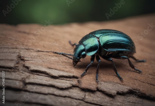 Close-up of a shiny blue beetle on a wooden surface in a forest with a blurred background