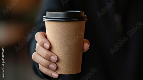 Empty coffee to go cup held by student man s hand, urban lifestyle and caffeine consumption. photo