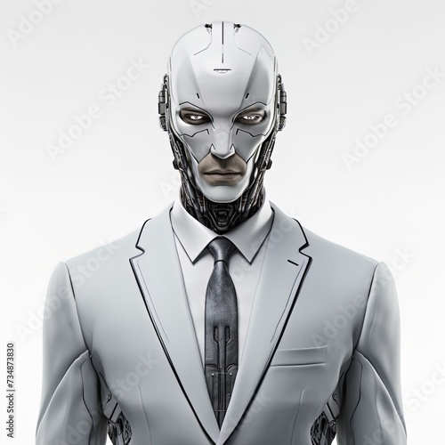 portrait of a robot in a suit on an isolated background, businessman, business robot, futuristic