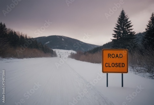 Road Closed sign placed beside a snow covered road on a cold witer day photo