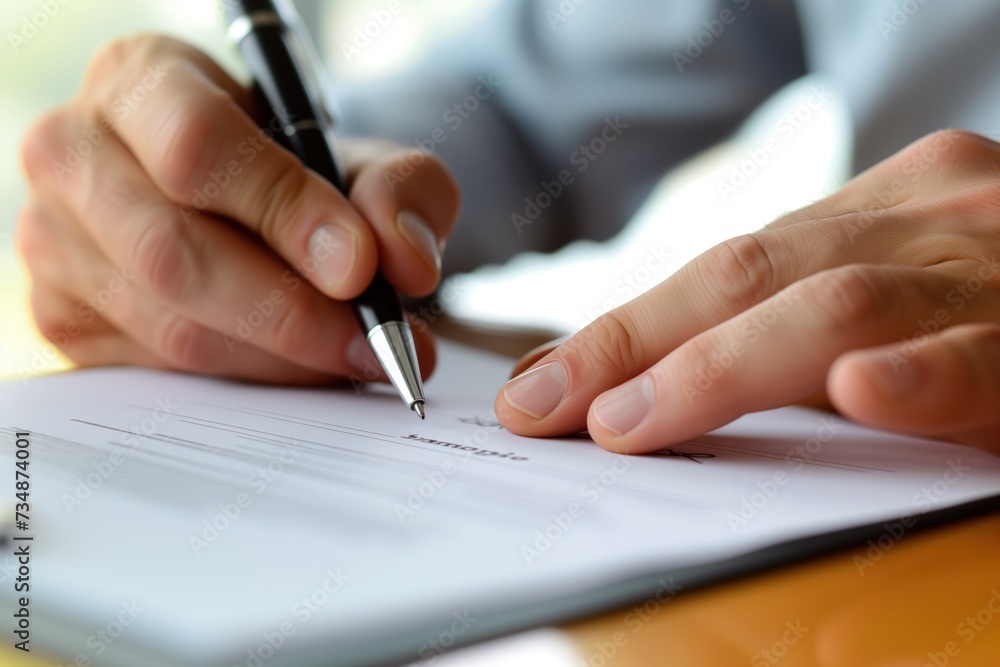 The close-up image captures the hand of a businessperson as they sign a document, a pivotal moment of finalizing a deal, agreement, or contract in a professional setting - obrazy, fototapety, plakaty 