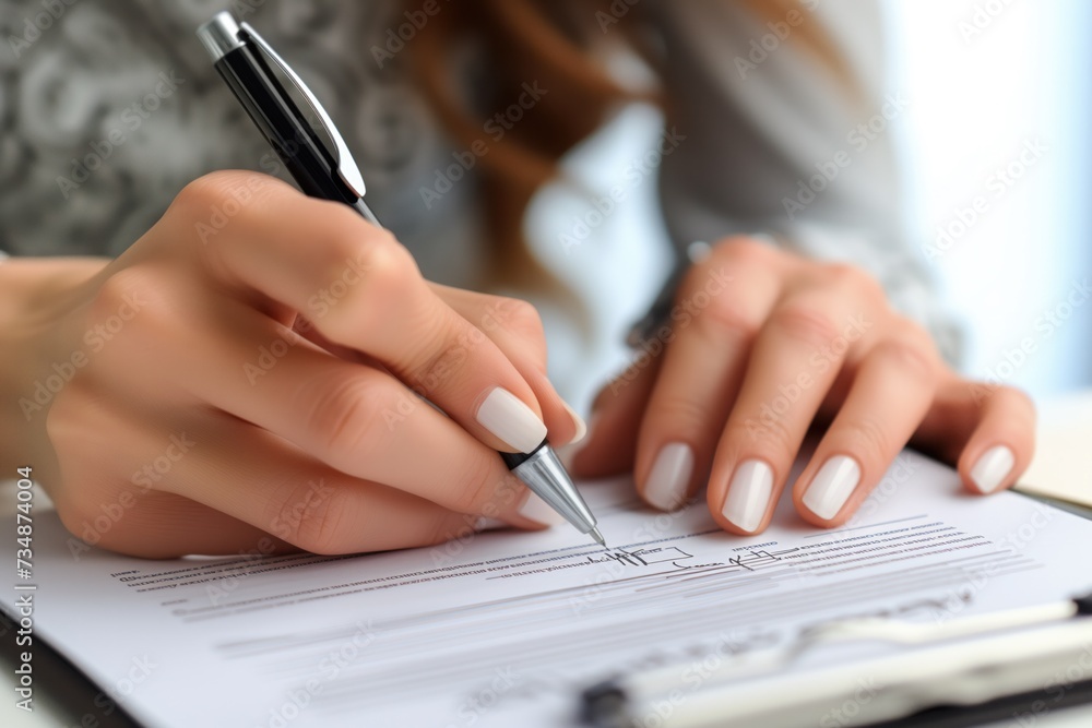 Naklejka premium A close-up image capturing the precise moment as a professional with manicured hands signs a document, symbolizing commitment, agreement, and formal engagement in a business setting