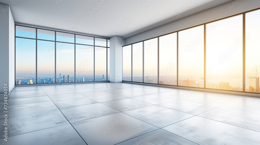 Blurred background of a light filled and modern office interior with floor to ceiling windows