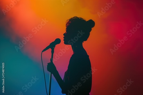 A dramatic silhouette of a passionate singer performing, holding a microphone against a vibrant backdrop of warm stage lighting that creates an atmosphere of energy and emotion