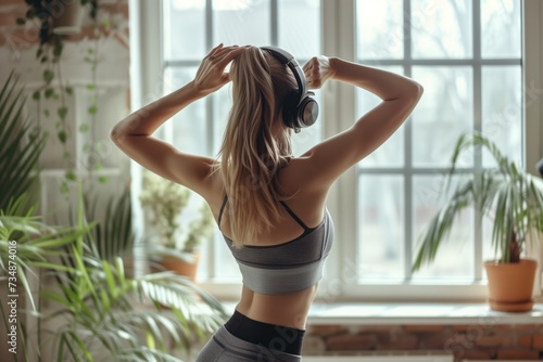 An athletic woman enjoys a moment of calm, stretching with headphones in a sun-drenched room filled with lush houseplants, embodying a serene, health-focused lifestyle