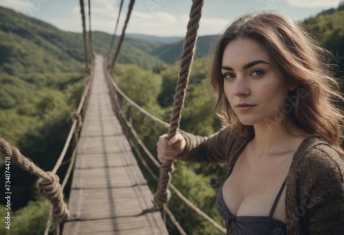 Young woman in denim walking confidently on a rope bridge in the mountains