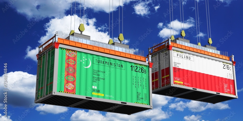 Shipping containers with flags of Turkmenistan and Poland - 3D illustration