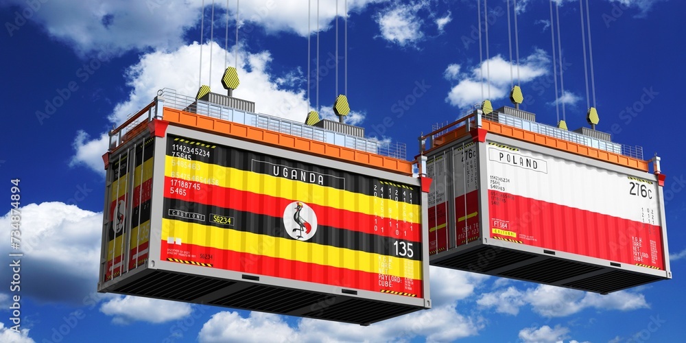 Shipping containers with flags of Uganda and Poland - 3D illustration