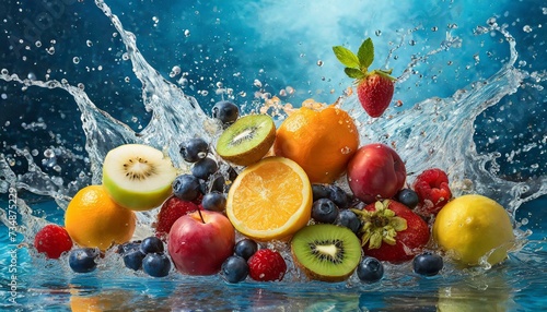 Fresh fruits and berries in water splash