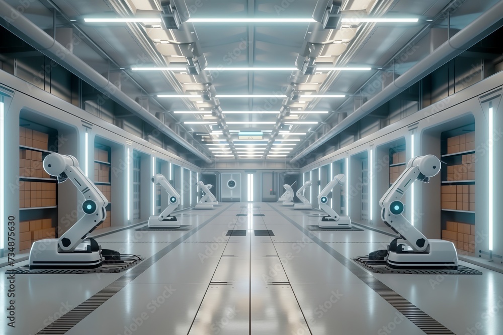 Fototapeta premium Automated Precision, Robotic Arms Align in Modern Logistics Facility