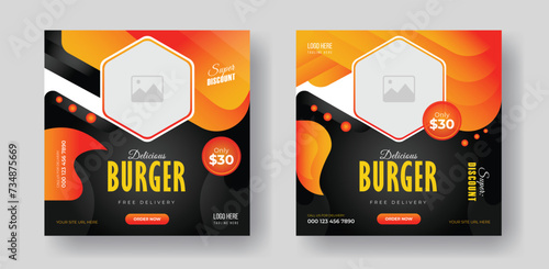 Burger food post online advertising promotion banner business vector layout design with colorful gradient shape and element.