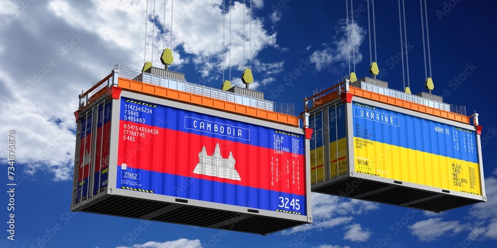 Shipping containers with flags of Cambodia and Ukraine - 3D illustration