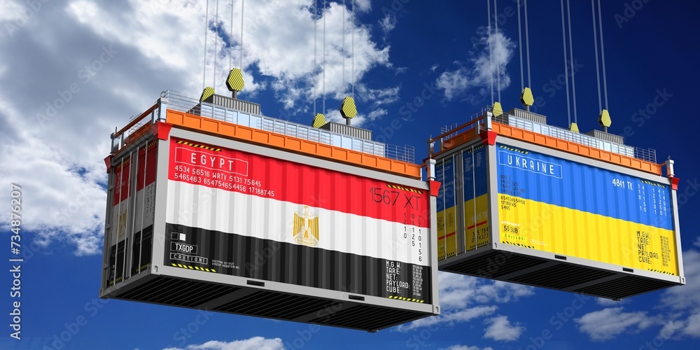Shipping containers with flags of Egypt and Ukraine - 3D illustration