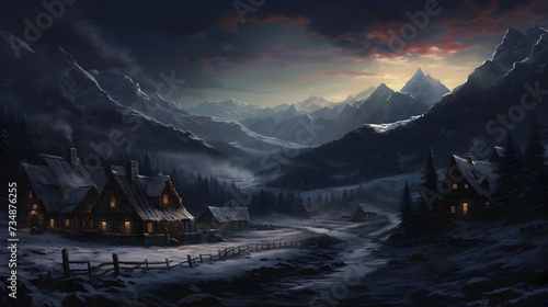 Winter night as the full moon graces the sky with its luminous presence The cold air on your skin and the moonlit landscape,, A snowy town illustration