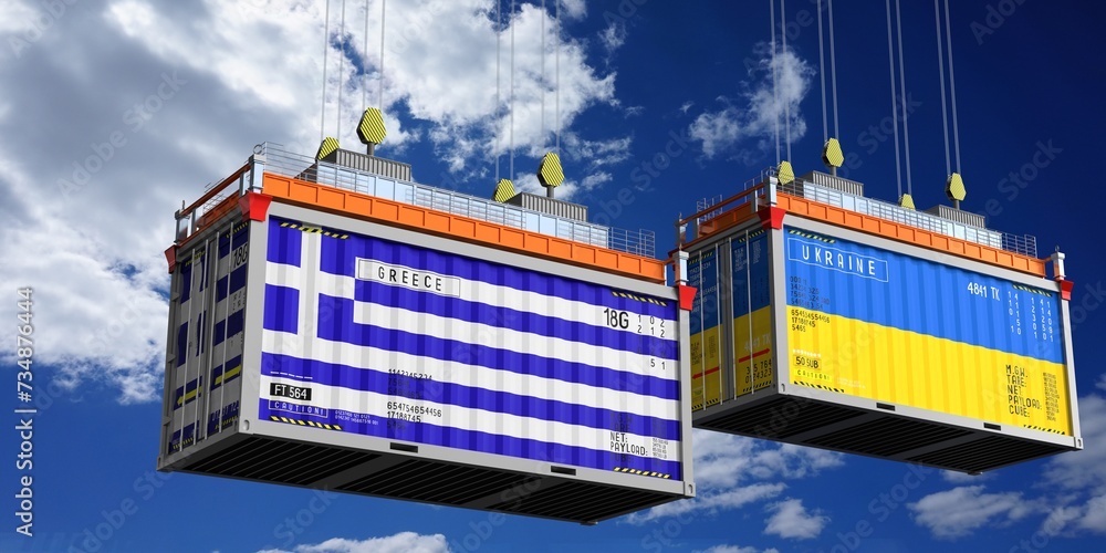 Shipping containers with flags of Greece and Ukraine - 3D illustration