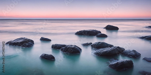 A breathtaking seascape with stones. Panorama. Generative AI.