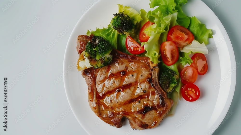 Pork meat grilled with fresh vegetable salad on a white plate. a top view of a horizontal : Generative AI Pork meat grilled with fresh vegetable salad on a white plate. a top view of a horizontal : Generative AI