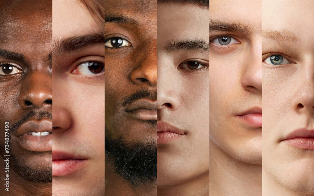 Collage made of cropped close-up portraits of different young men with varying skin tones and features, looking at camera. Equality. Concept of human diversity, emotions, youth