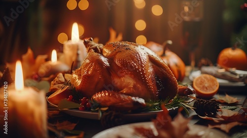 Roasted Turkey. Thanksgiving table served with turkey, decorated with bright autumn leaves and candles. Roasted chicken, table setting. Christmas dinner : Generative AI
