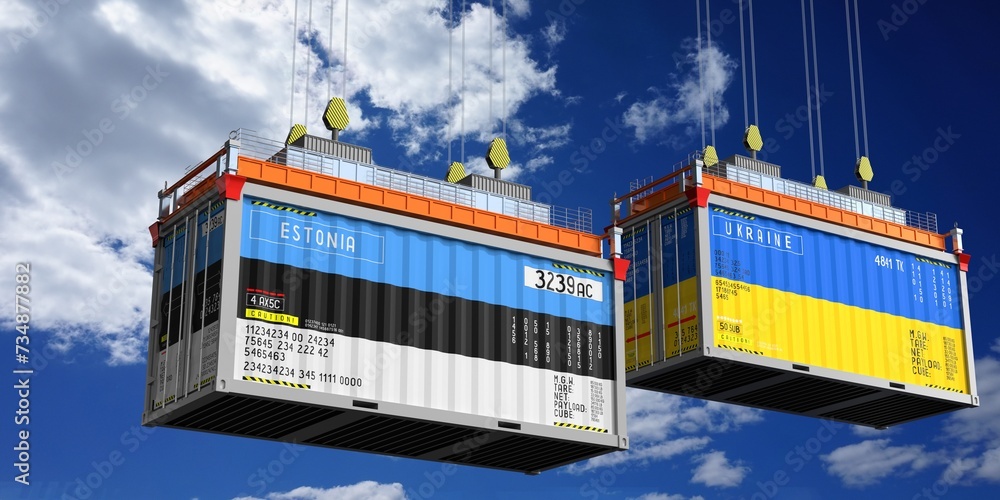 Shipping containers with flags of Estonia and Ukraine - 3D illustration