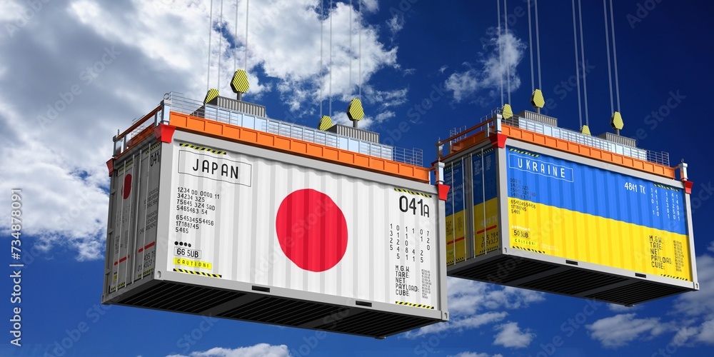 Shipping containers with flags of Japan and Ukraine - 3D illustration
