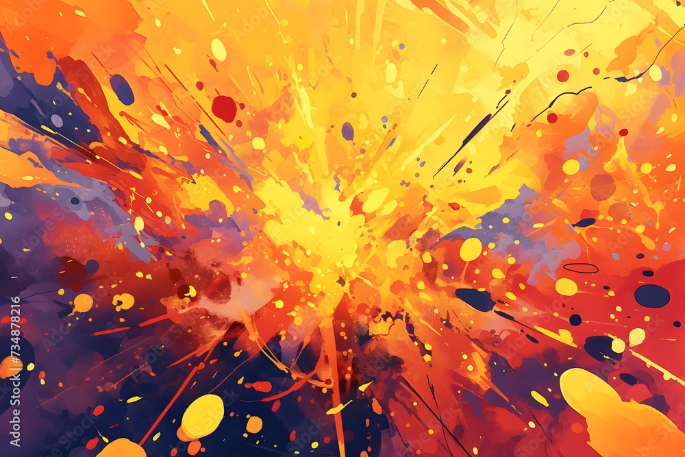 
A dynamic explosion of splattered paint droplets, with a central focus of bright yellows and reds that gradually fade into a splattered periphery