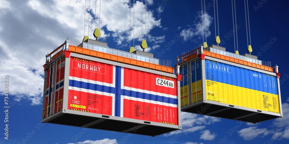 Shipping containers with flags of Norway and Ukraine - 3D illustration