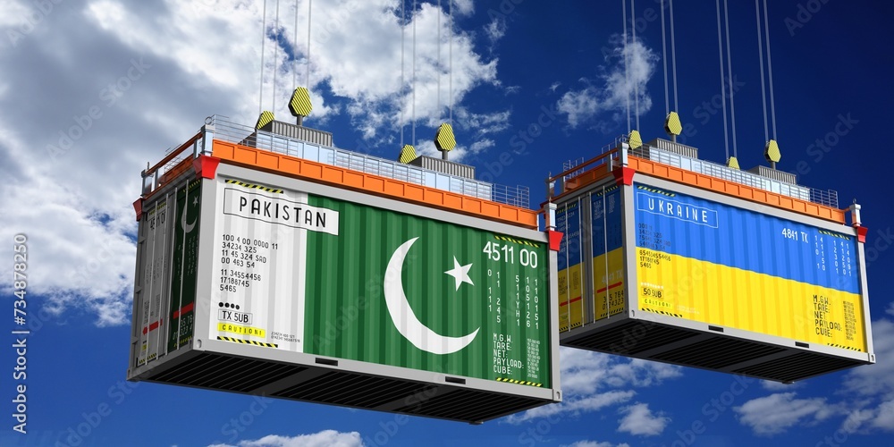 Shipping containers with flags of Pakistan and Ukraine - 3D illustration