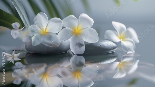 Zen spa concept background - Zen massage stones with frangipani plumeria flower in water reflection   Generative AI