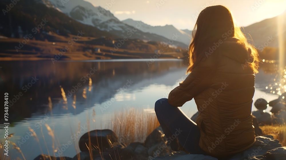 Woman admiring stillness of the lake : Generative AI