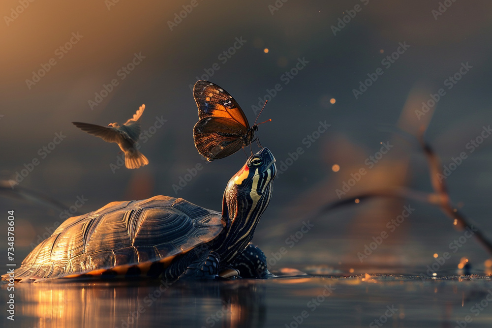 Illustration of a butterfly standing on the nose of a turtle, in the style of the decisive moment, very unusual illustration, soft pleasant light. Wild nature, unusual background. - obrazy, fototapety, plakaty 